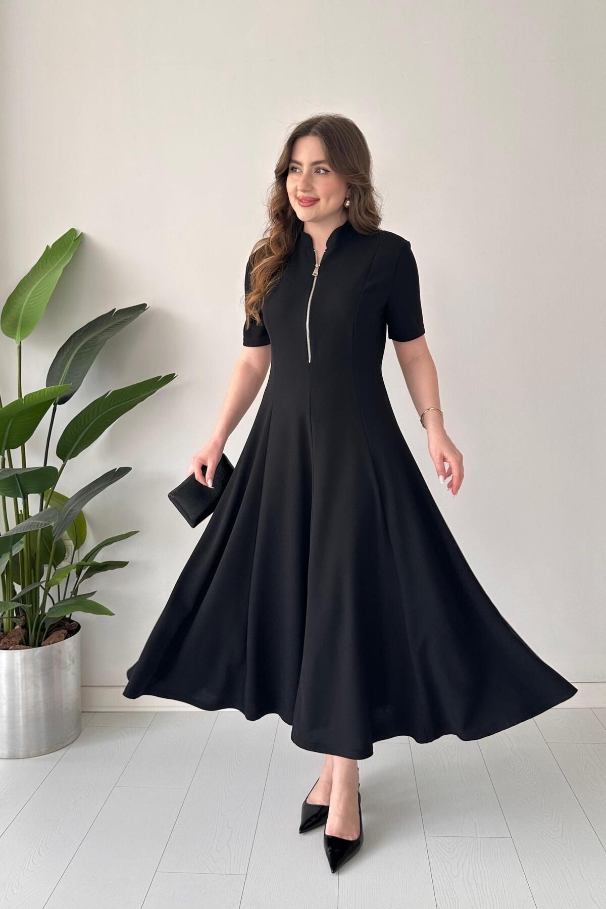MaziButik Yaka Fermuar Krep Elbise Siyah