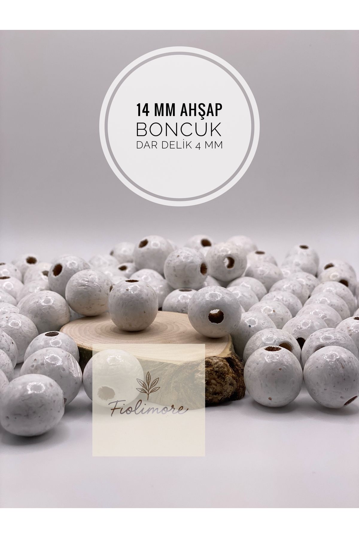 Fiolimore 14 mm Beyaz Ahşap Boncuk (50 Gram 50 Adet) Delik Çapı 4 mm Yuvarlak Dar Delik Renkli Tahta