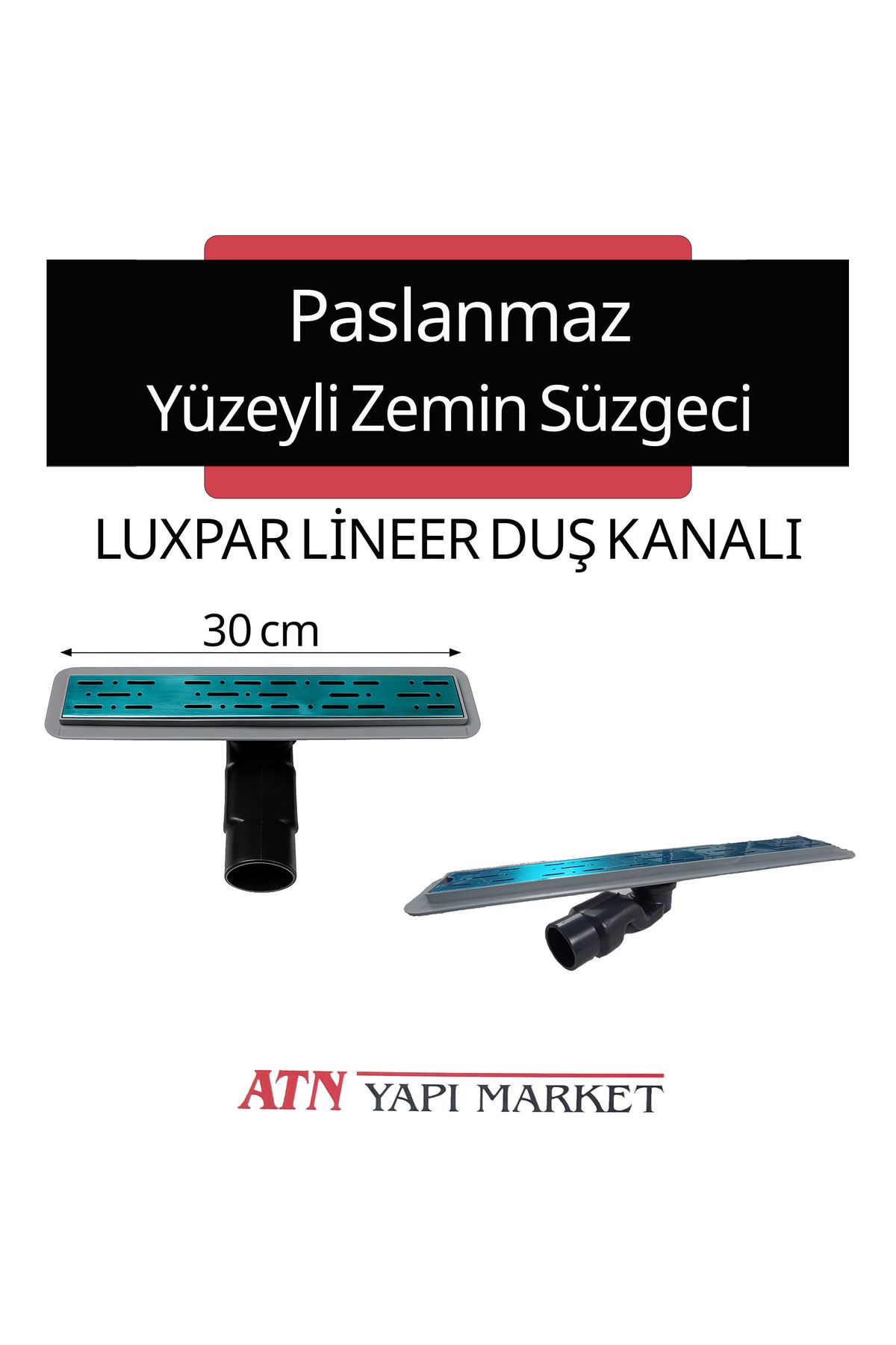 LÜXPAR Paslanmaz Izgaralı 30 cm Lineer Duş Kanalı – 50mm Çıkışlı Zemin Süzgeci | LÜXPAR | Banyo Gideri