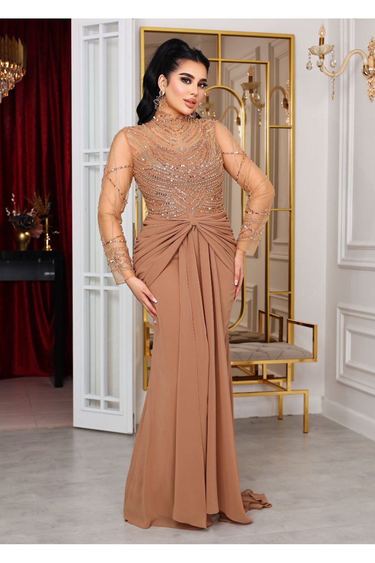 ZENABİYEM Zena Fashion Hakim Yaka İşlemeli Önden Kuşaklı Abiye