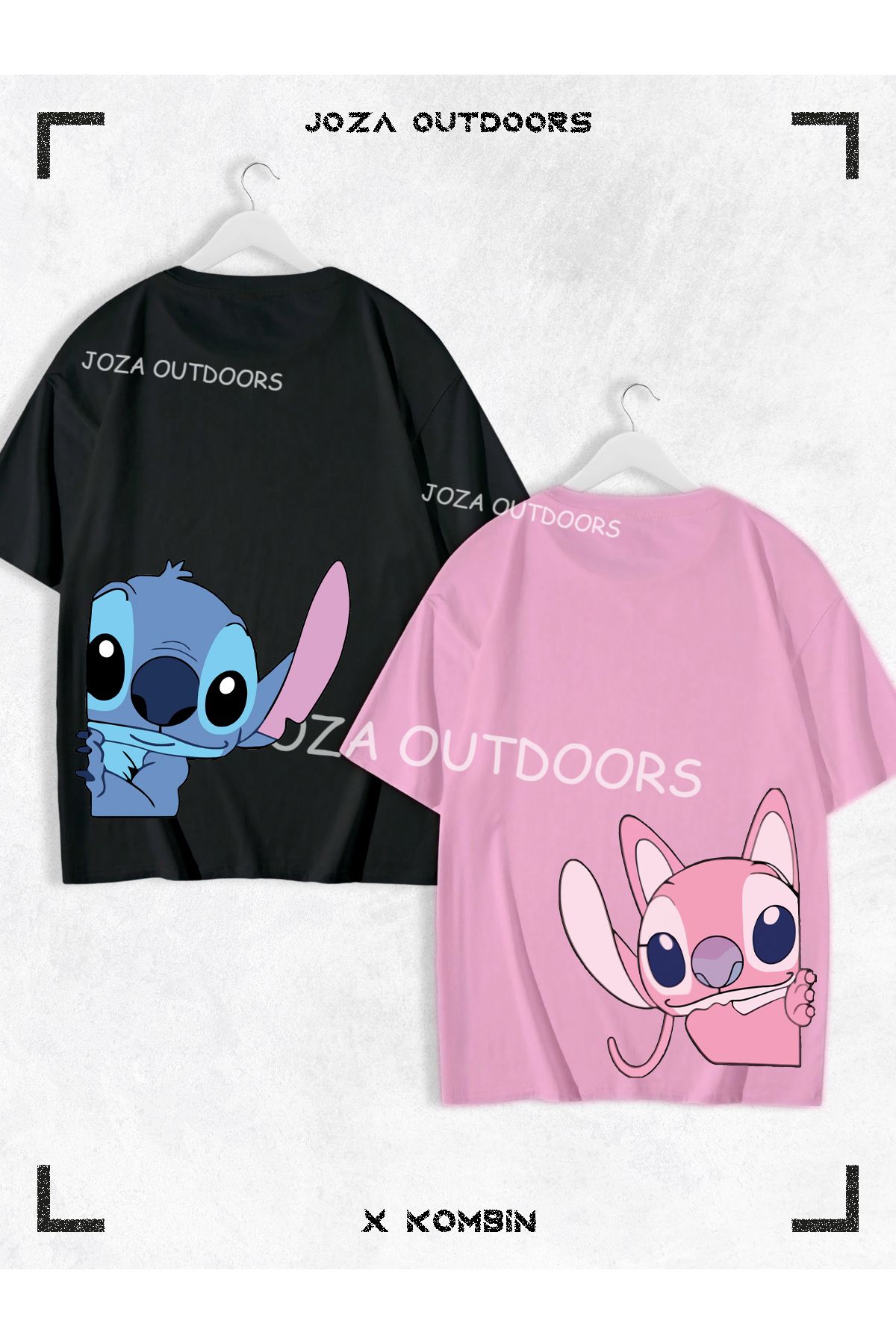 Joza Outdoors Kadın Erkek Lilo Angel Stitch Arka Bel Baskılı Sevgili Çift Kombini Oversize Renkli Tshirt 2li Takım