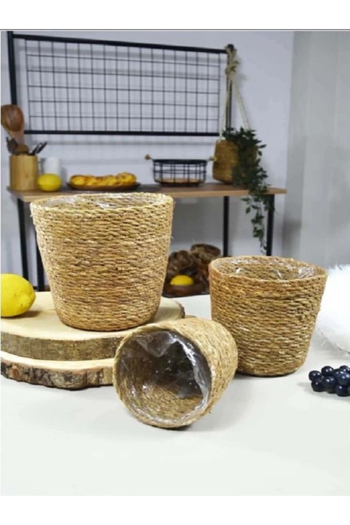 GoldenKitchen Hasır 3 Lü Saksı Seti