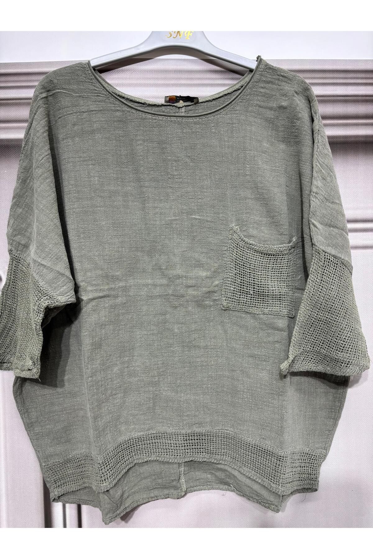 AGORATEKSTİL Kadın Oversize Fileli %100 Keten Bluz