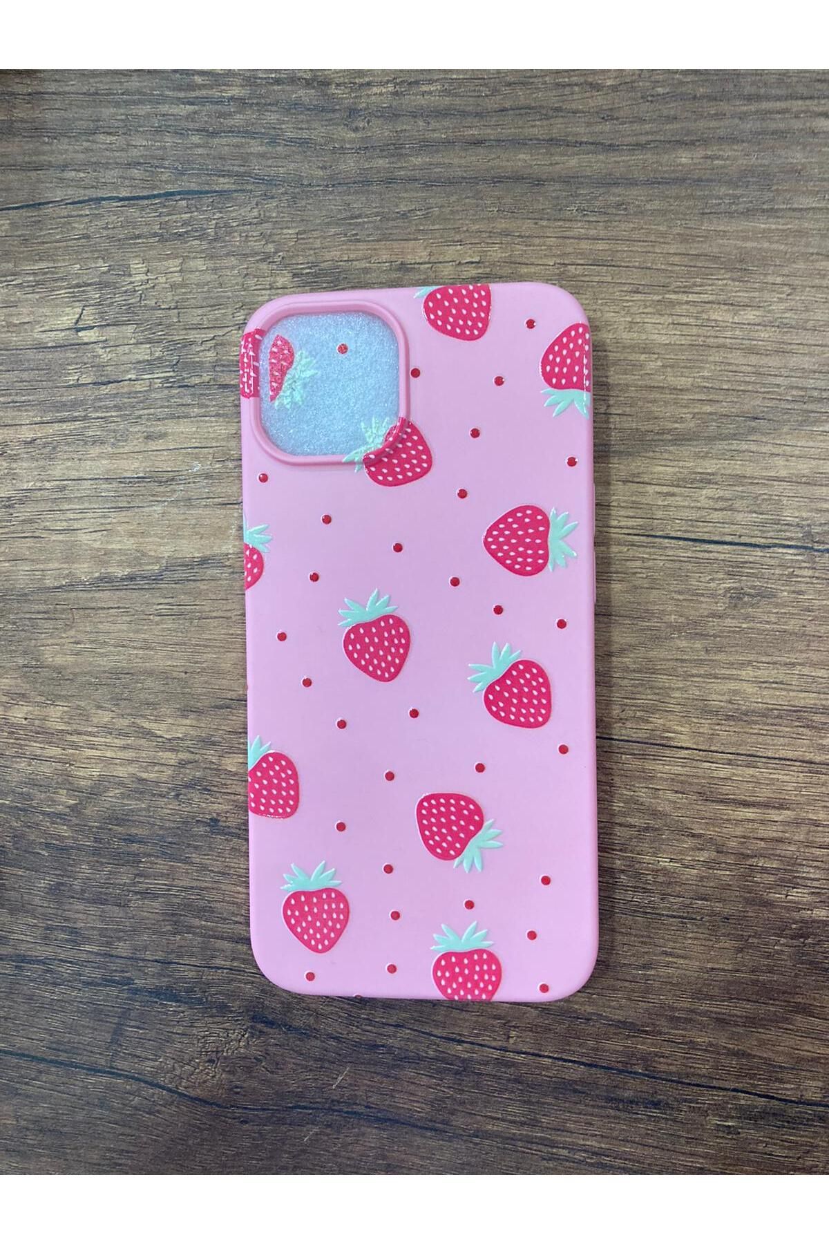 Newon İPHONE 13/14 ÇİLEK BASKILI İÇİ KADİFE PREMİUM LANSMAN SİLİKON TELEFON KILIFI