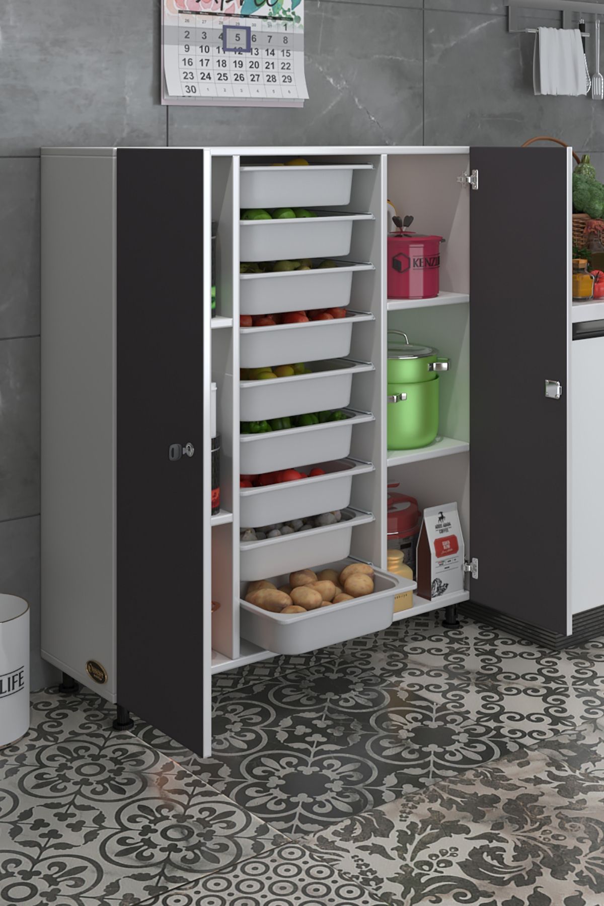 Kenzlife Sepetli Kilitli Mutfak Dolabı Hürrem Gribyz 122*105*32 Erzak 9 Sepetli