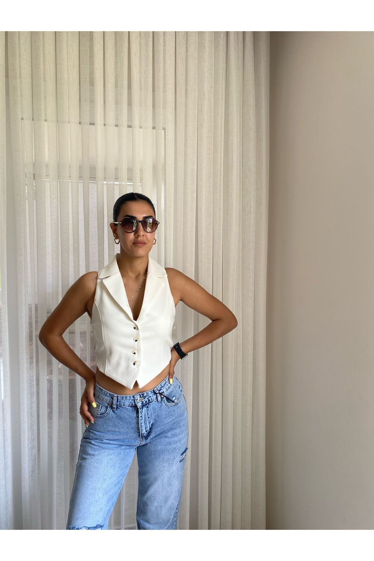 Girls House Kadın Beyaz Yelek Sırt Detaylı