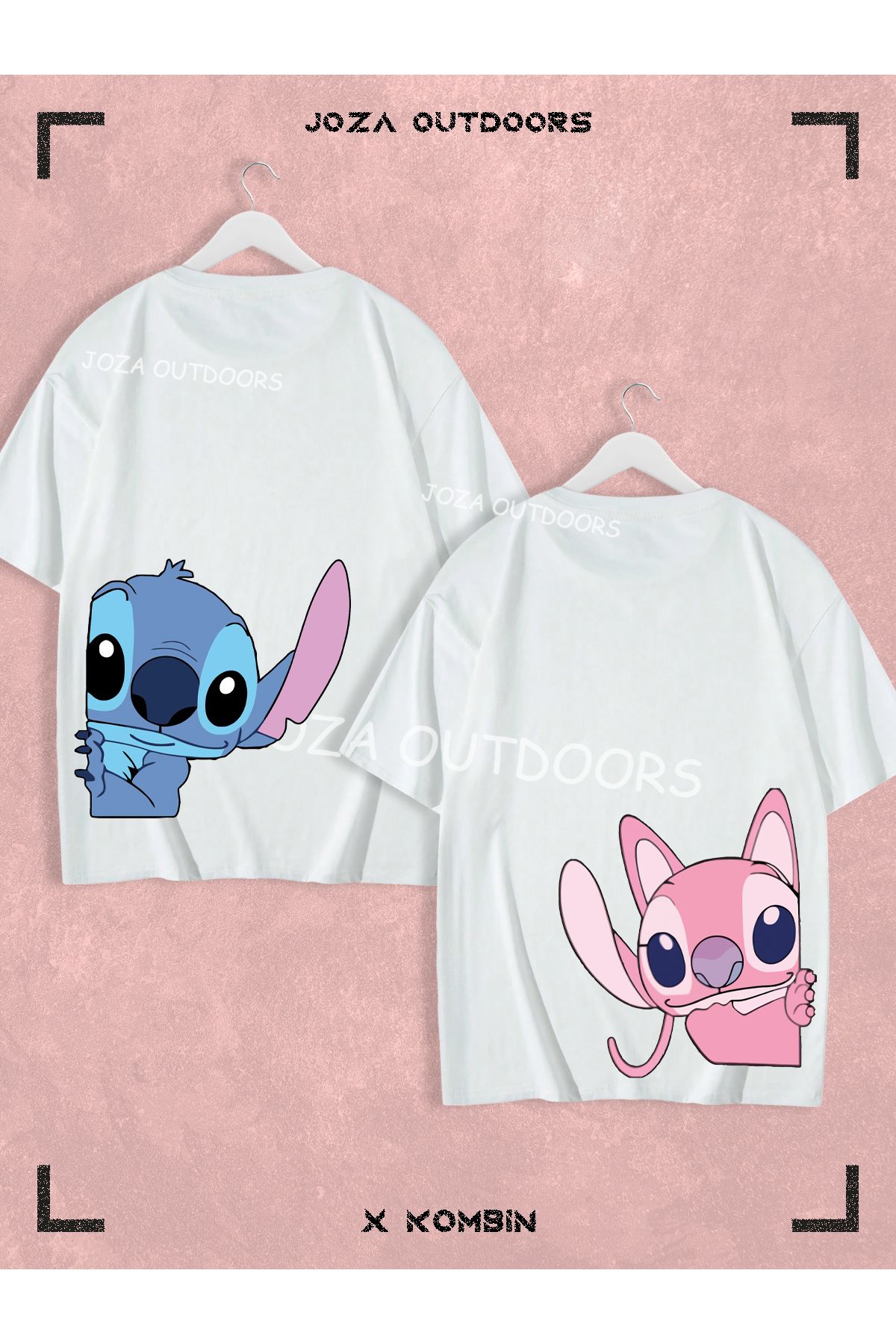 Joza Outdoors Kadın Erkek Lilo Angel Stitch Arka Bel Baskılı Sevgili Çift Kombini Oversize Renkli Tshirt 2li Takım