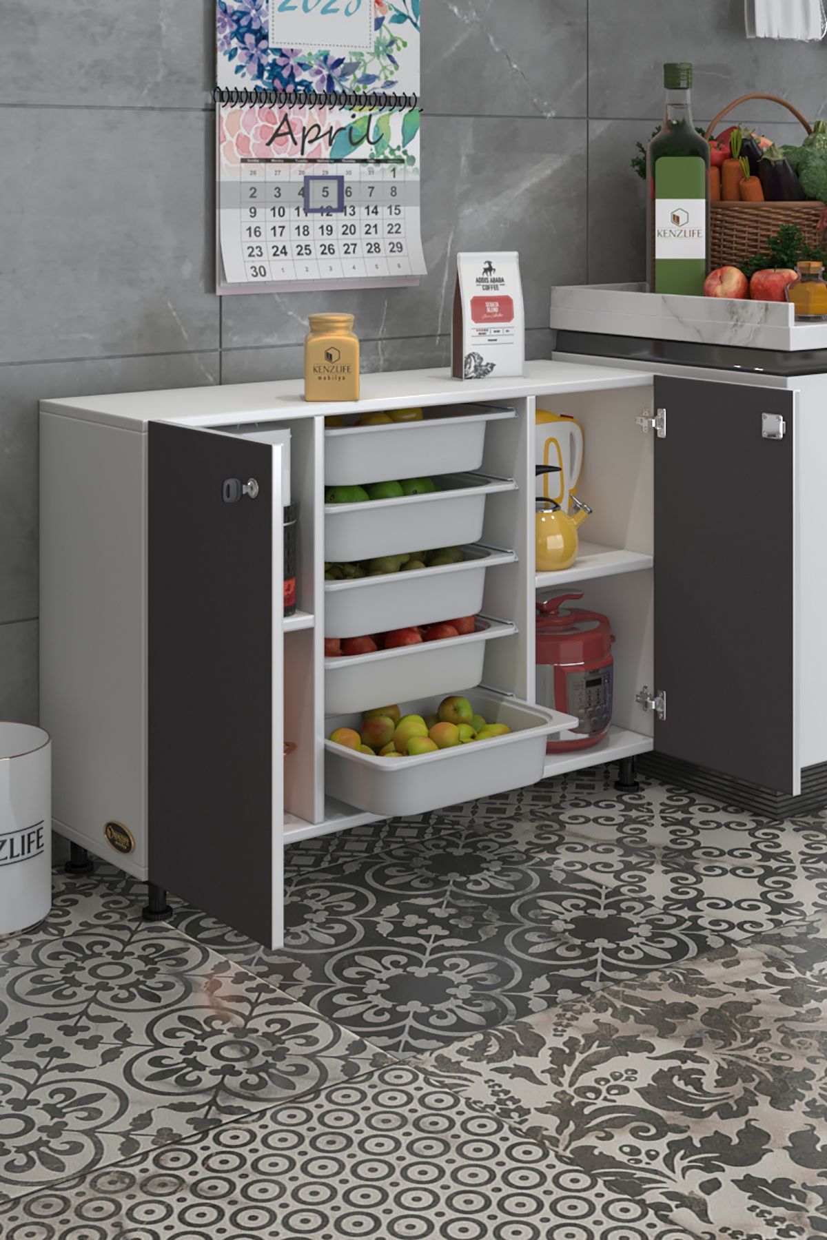 Kenzlife sepetli kilitli mutfak dolabı dilşah gribyz 074*105*32 erzak 5 sepetli
