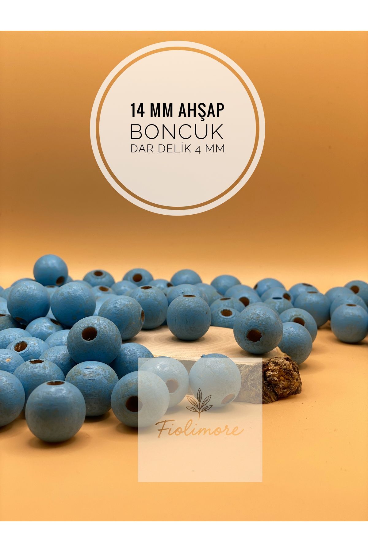 Fiolimore 14 mm Mavi Ahşap Boncuk (50 Gram 50 Adet) Delik Çapı 4 mm Yuvarlak Dar Delik Renkli Tahta