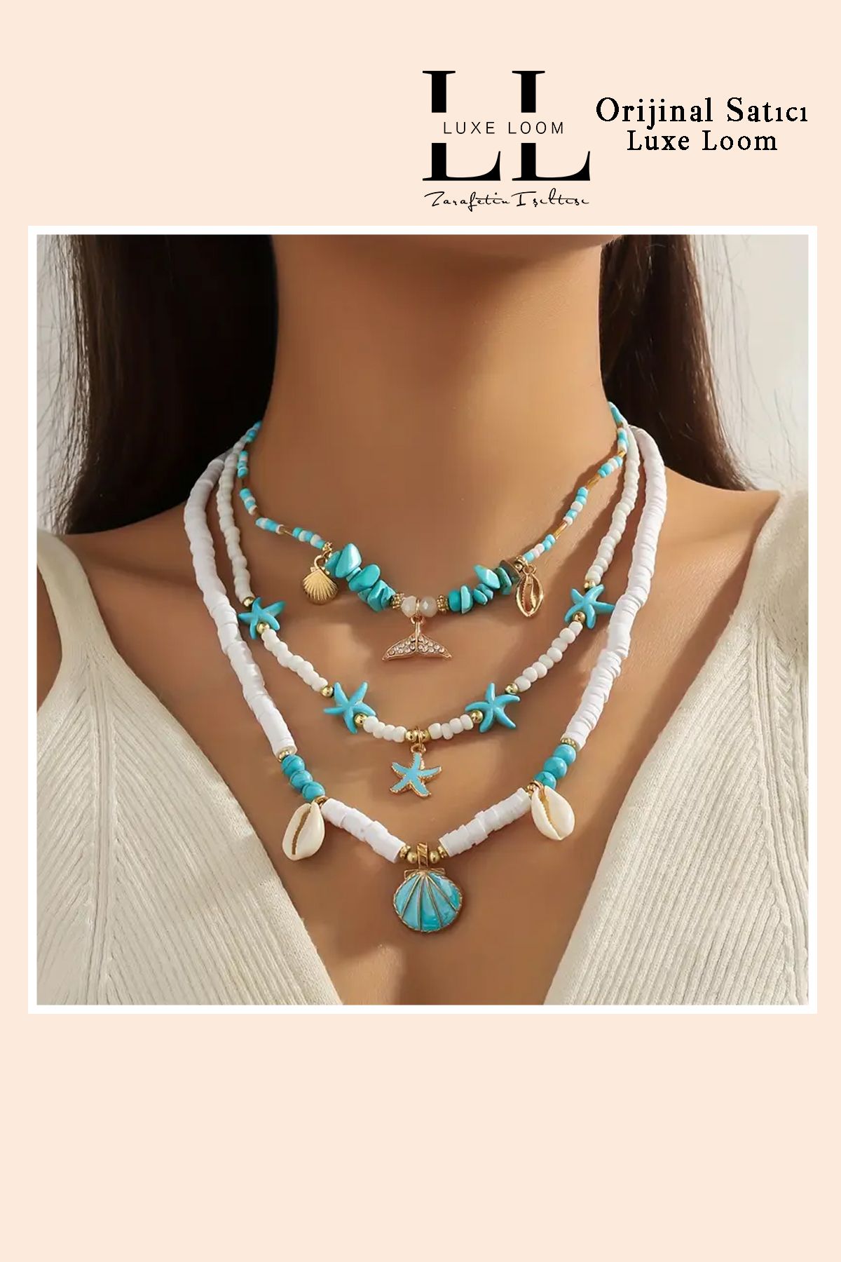 Luxe Loom Zarafetin Işıltısı Kadın Kararmayan Mavi Beyaz Deniz Yıldızı Yazlık Üçlü Kolye Seti 001