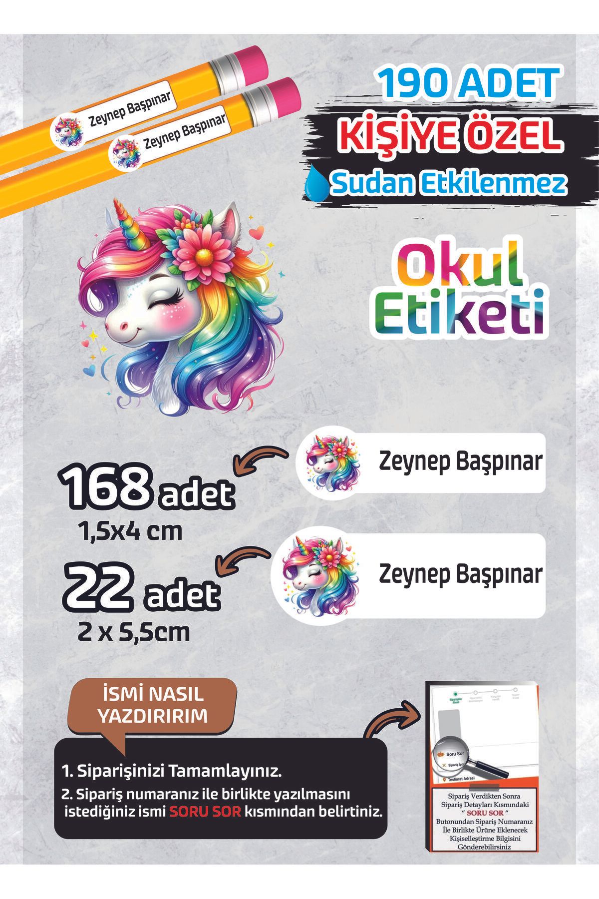 Kapbirhediye Okul Etiketi Kişiye Özel Kalem Defter Etiketi Unicorn -2- 190 Adet