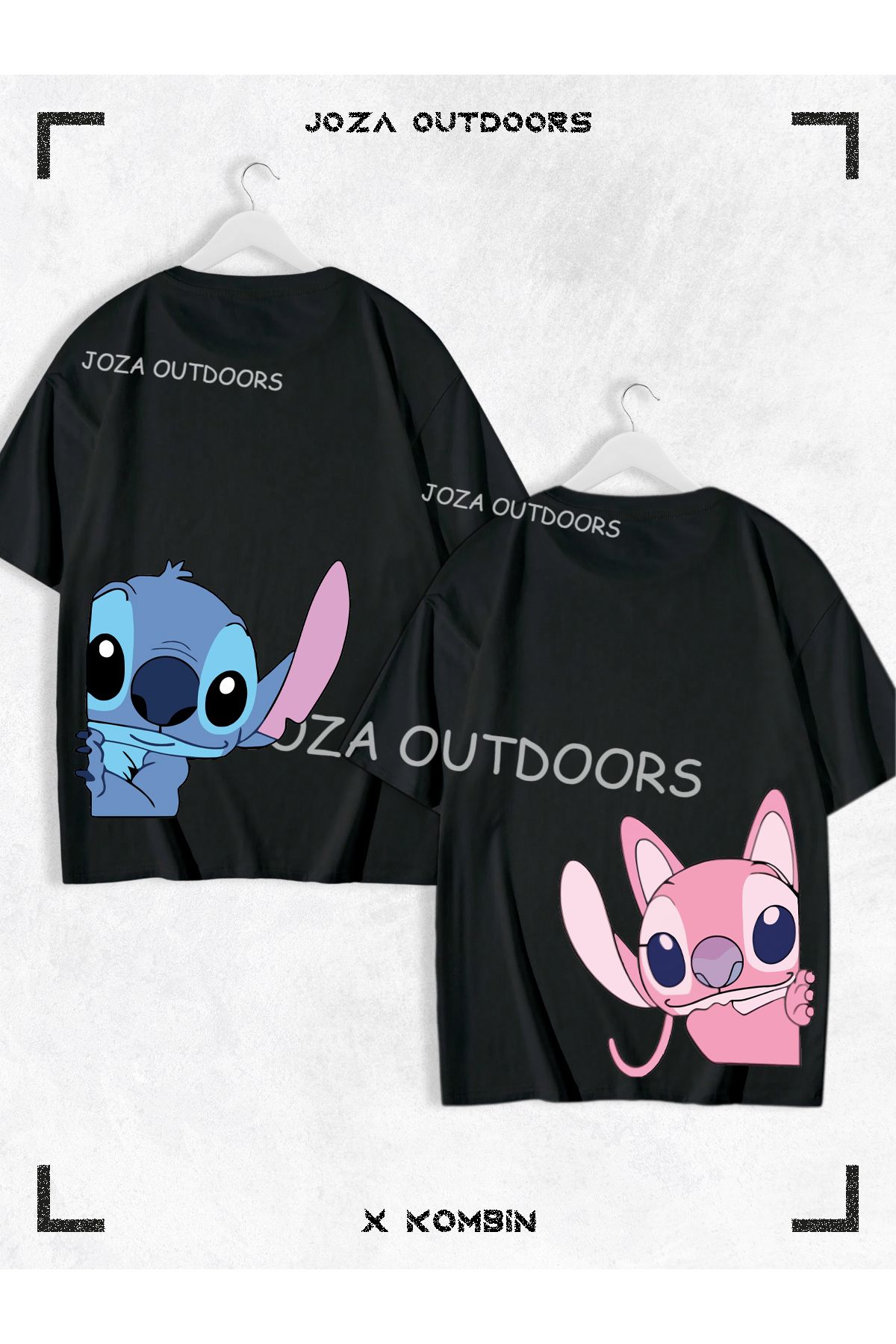 Joza Outdoors Kadın Erkek Lilo Angel Stitch Arka Bel Baskılı Sevgili Çift Kombini Oversize Renkli Tshirt 2li Takım