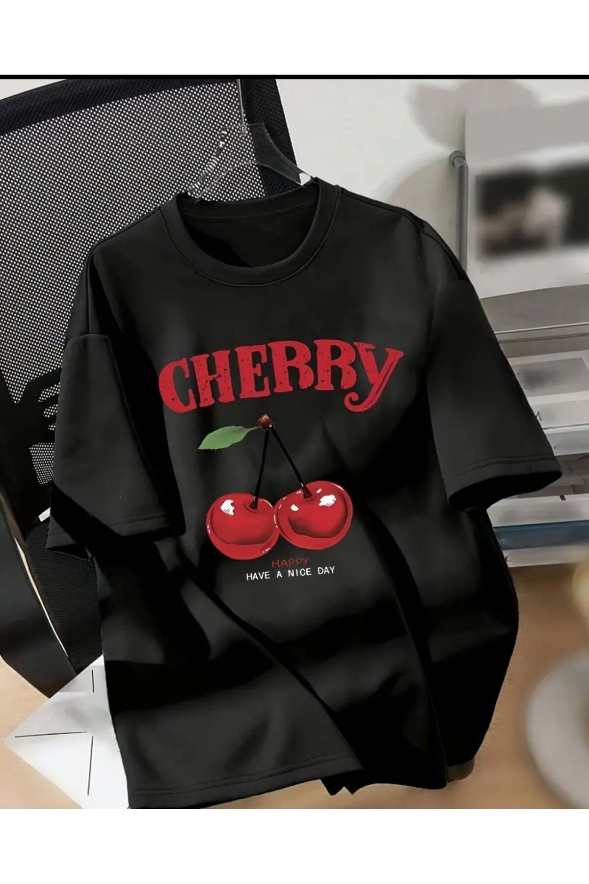 ELZE MODA Unisex Erkek/Kadın CHERRIES Özel Baskılı Oversize Pamuklu Bisiklet Yaka T-Shirt