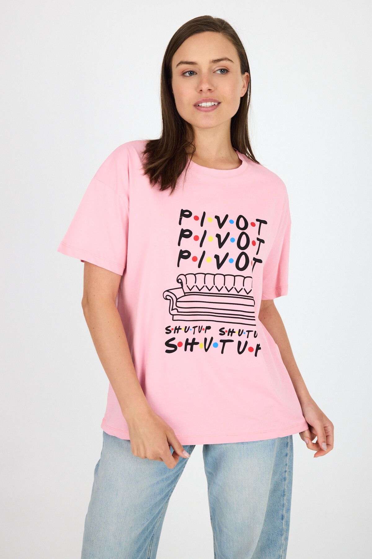 Rays Pembe Yazı Baskılı %100 Pamuk Oversize Tişört 2150-10M