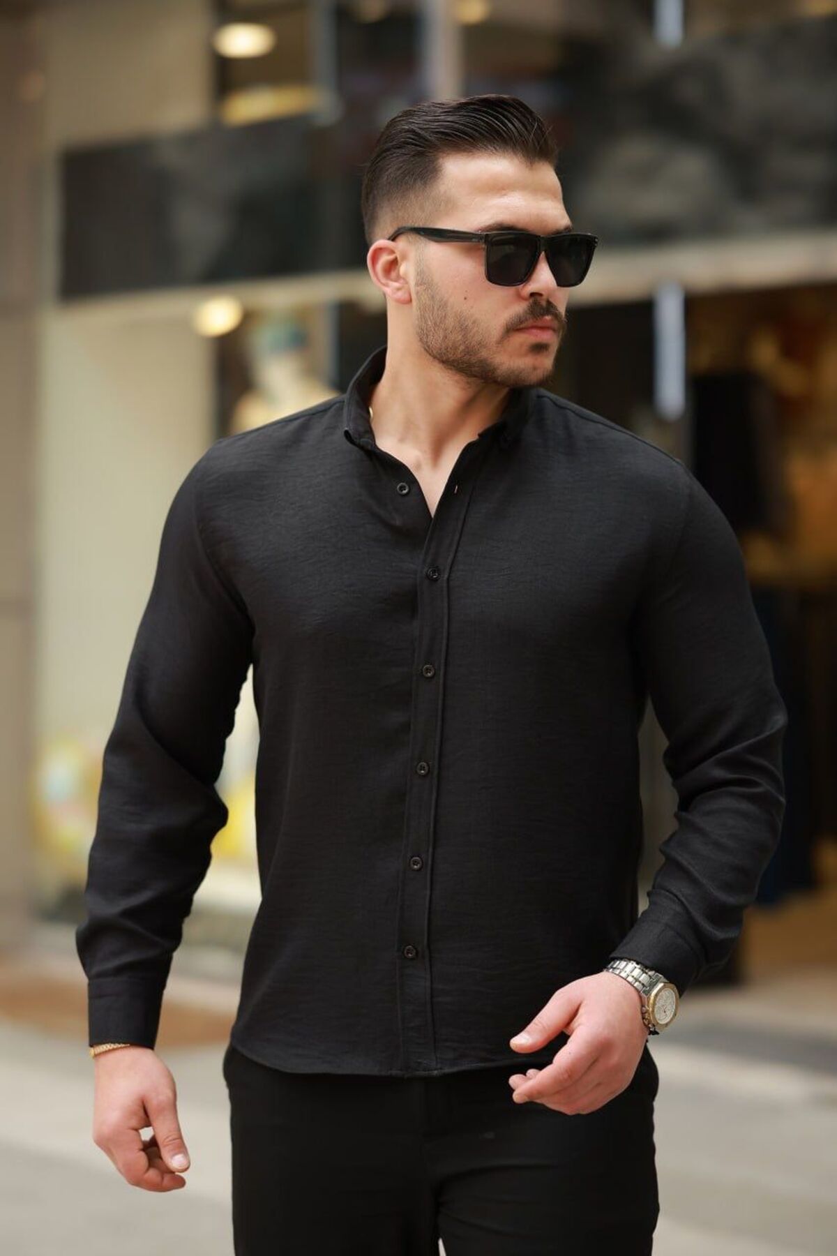 neonstore Erkek Keten Görünümlü Rahat Kalıp Gömlek