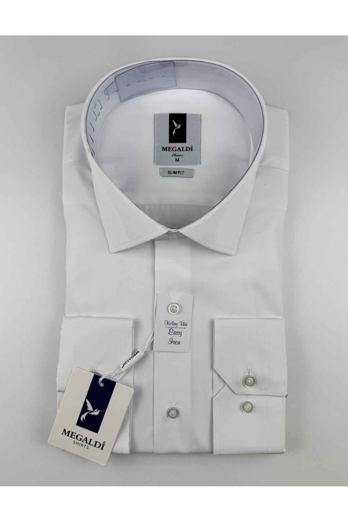 MEGALDİ Erkek Slim Fit Kesim Beyaz Easy Iron (Kolay Ütü) Uzun Kollu Gömlek