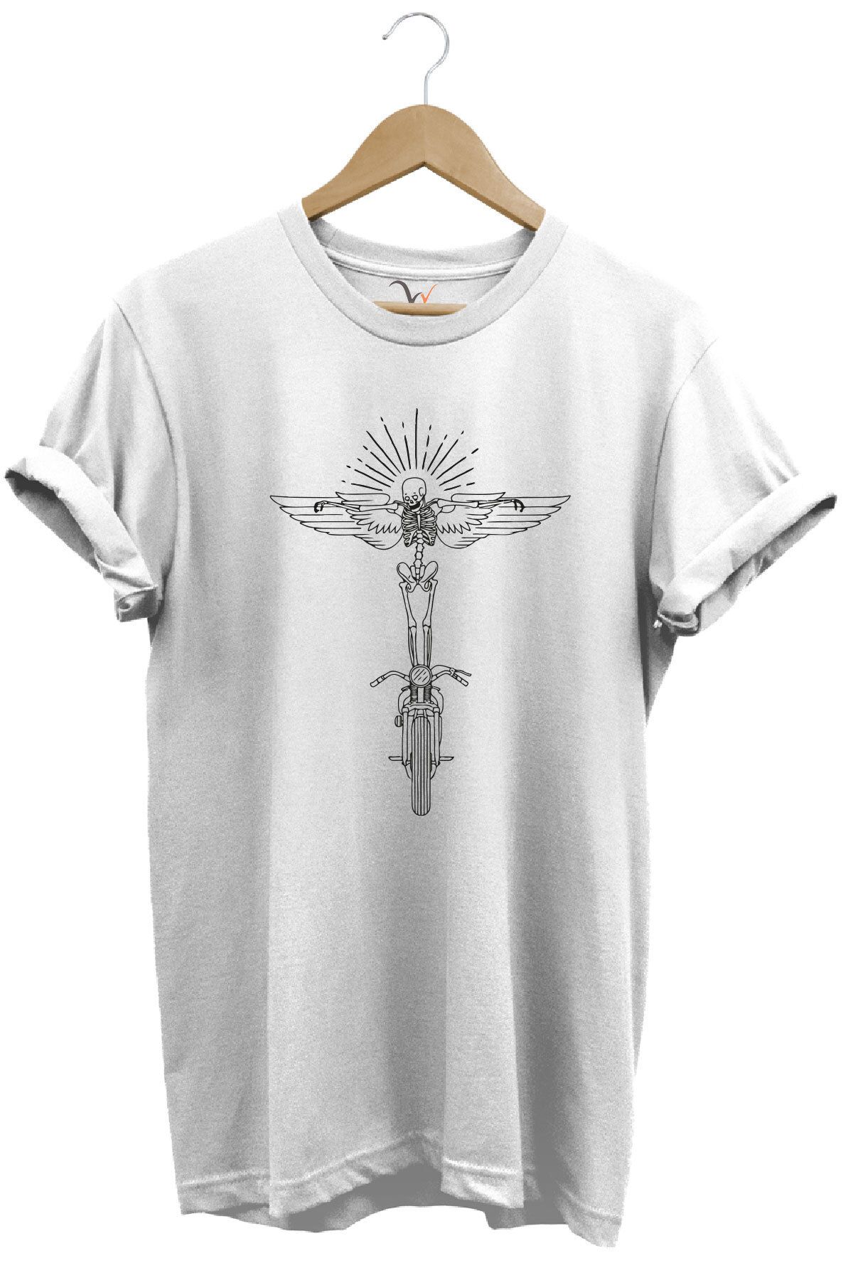 WİDİ Motorcu Kanat ve İskelet Çizgisel Tasarım Baskılı %100 Pamuk Regular Fit Premium T-Shirt