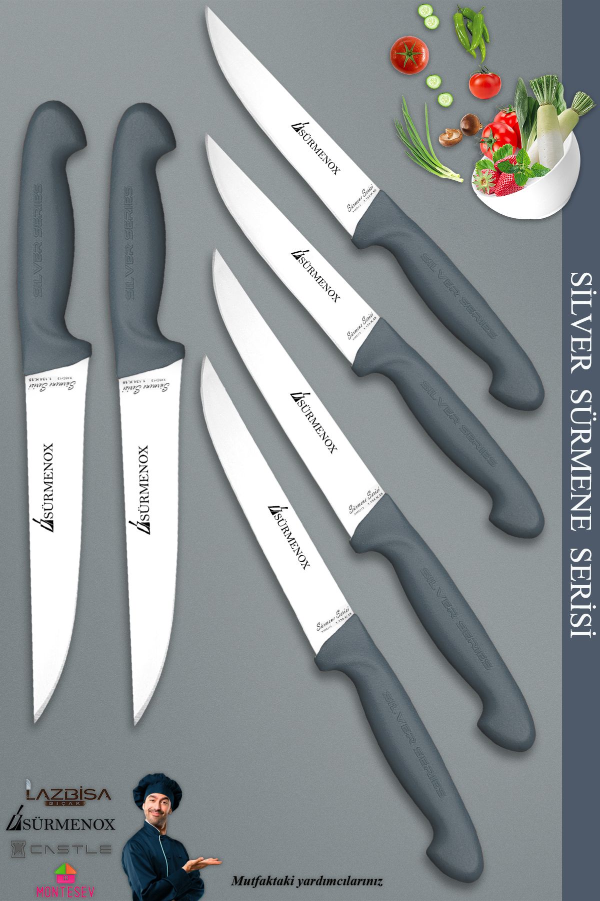 SÜRMENOX Sürmene Silver Serisi Gri Sap Mutfak Bıçak Seti Et Ekmek Sebze Meyve Kesme Bıçağı 6 Lı Set (Srm-011)