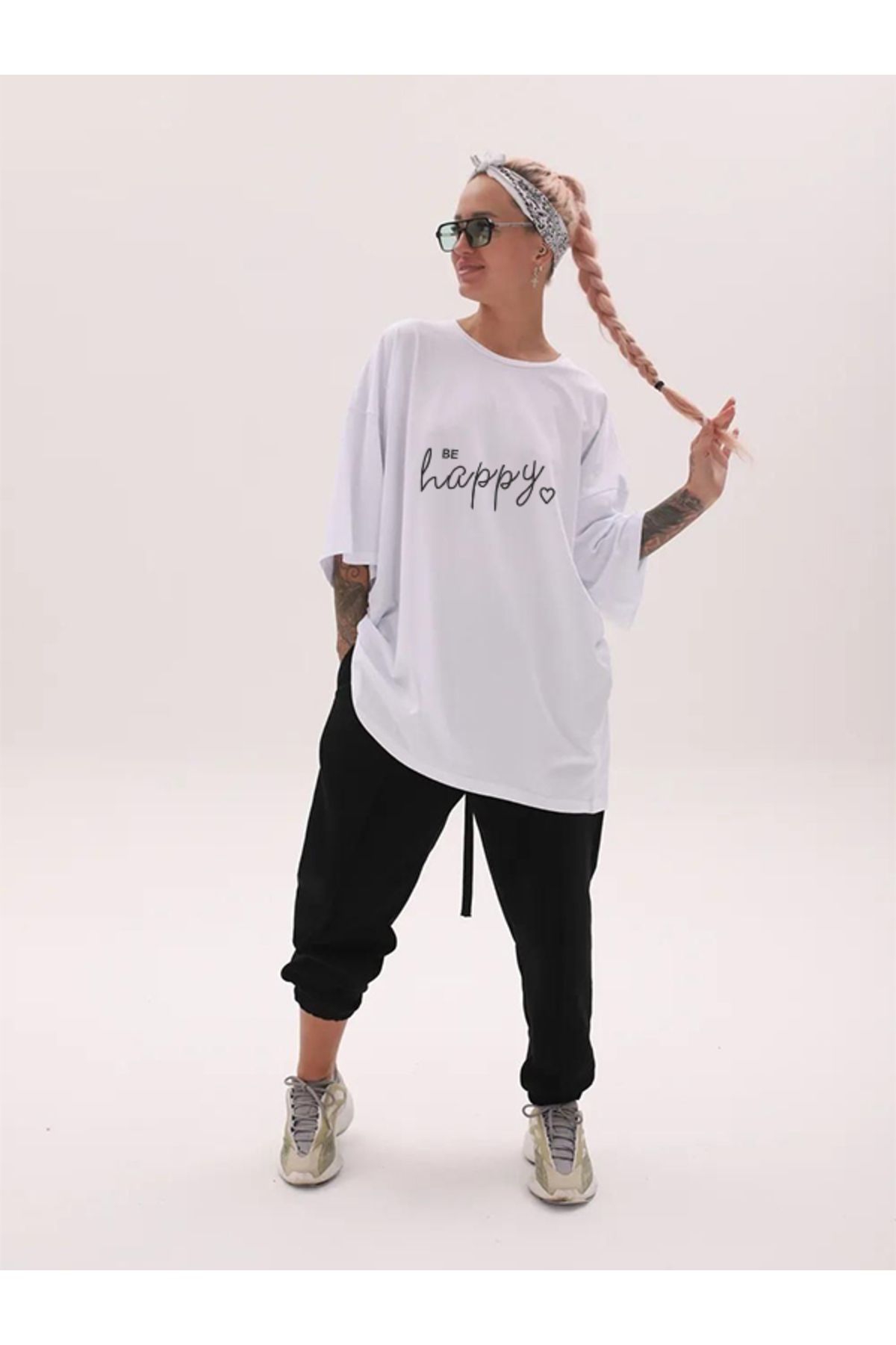 EXPECTED Beyaz Kadın Be Happy Baskılı Oversize T-shirt