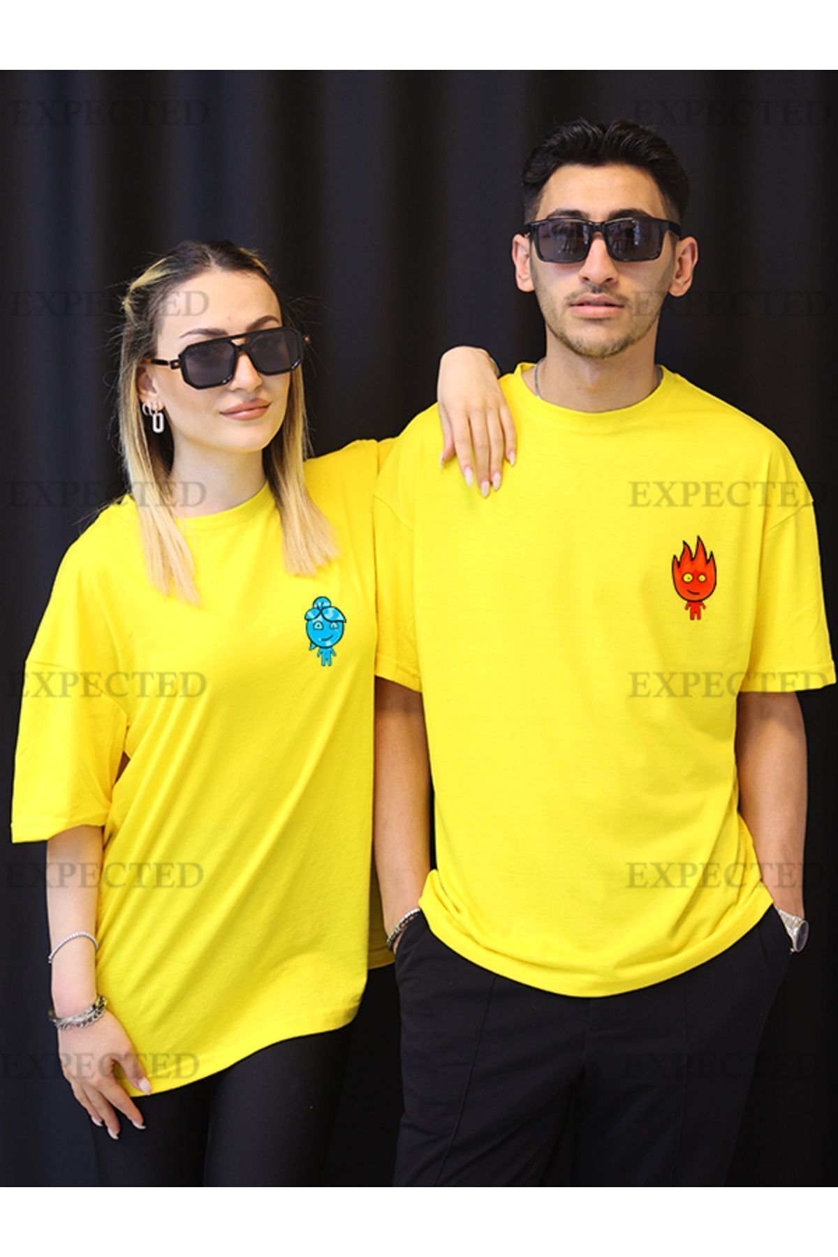 EXPECTED Sevgili Çift Arkadaş Kombini Ateş Ve Su Baskılı Oversize Unisex T-shirt - 2 adet