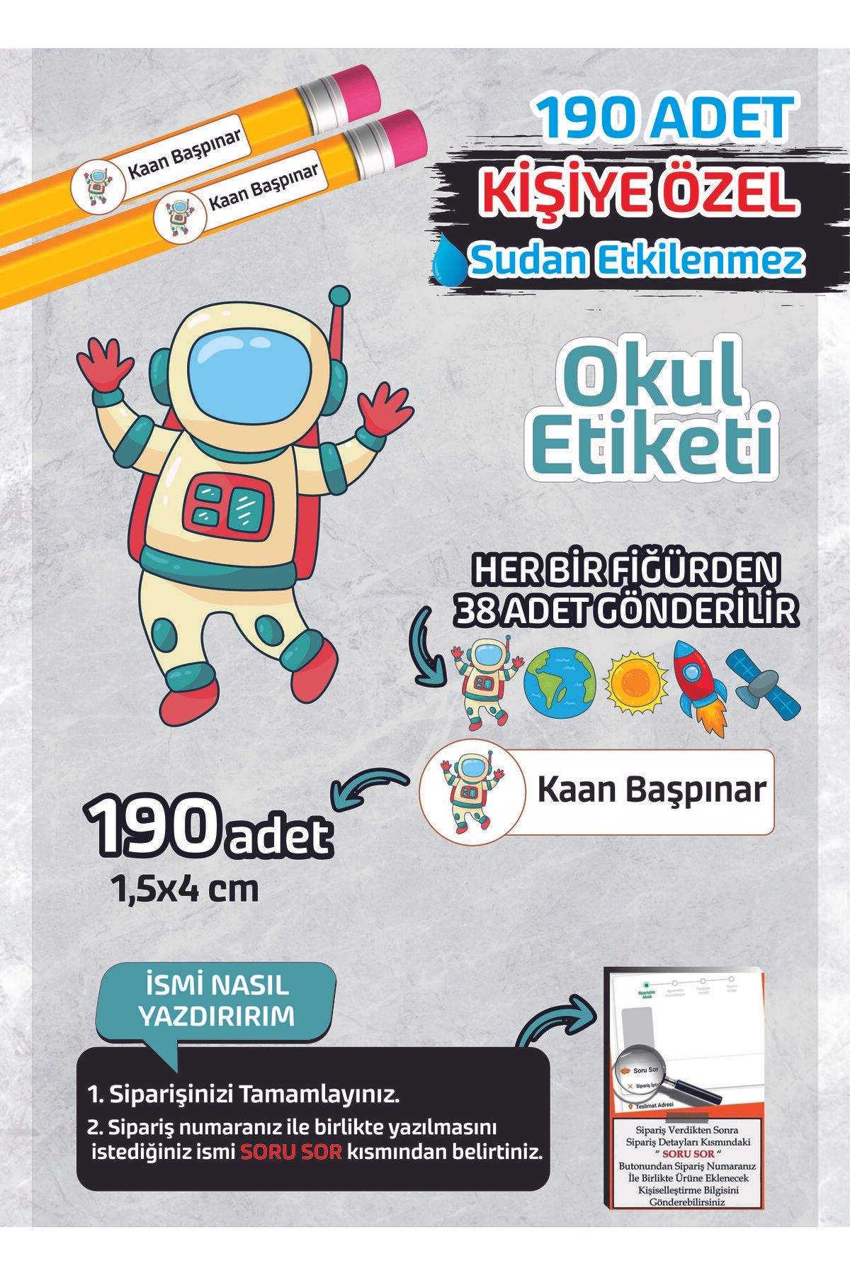 Kapbirhediye Okul Etiketi İsme Özel Kalem Defter Etiketi (ASTRONOT-2) -190 Adet