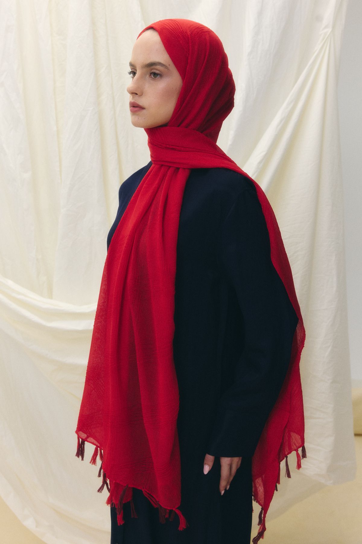 FENZA SCARF LİLYUM KIRMIZI SAÇAK PÜSKÜLLÜ PAMUKLU ŞAL
