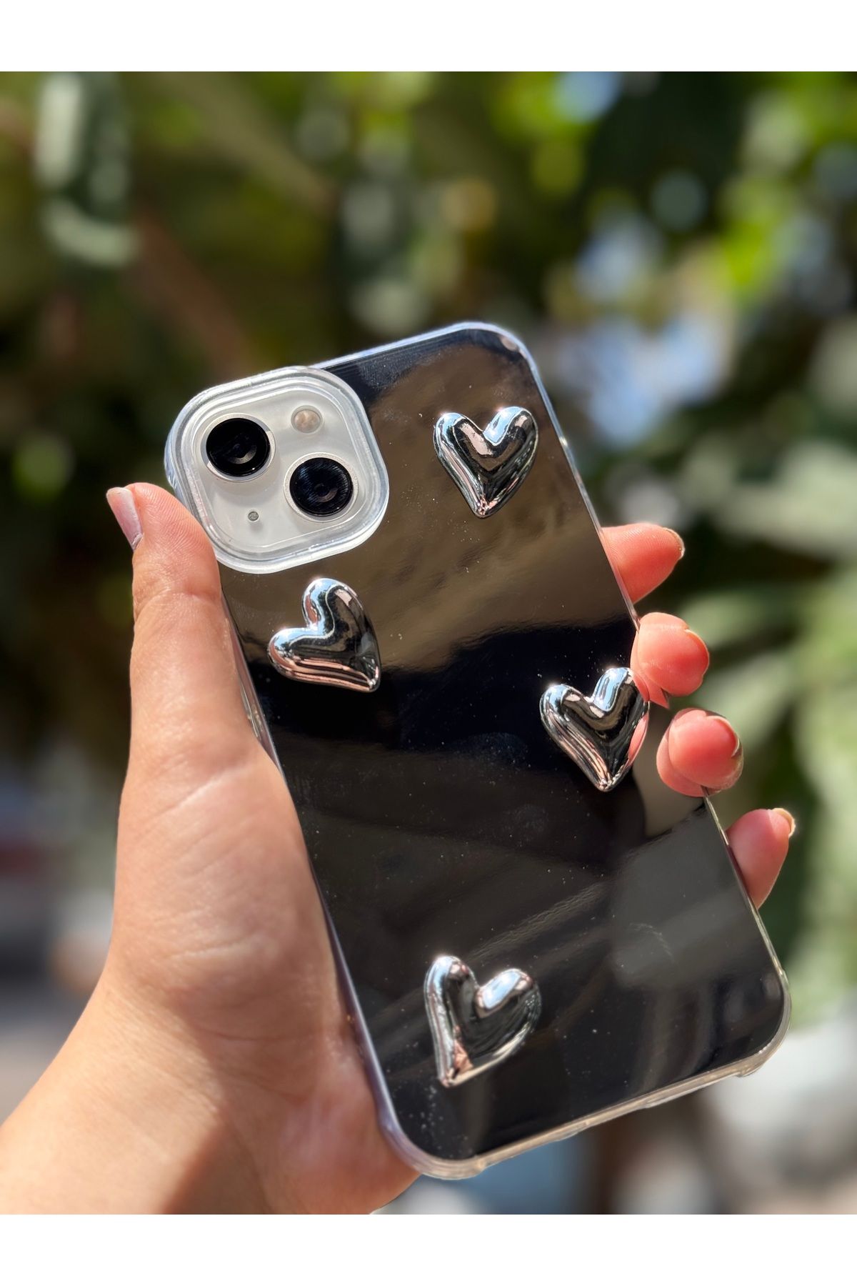 Caseji iPhone 15 Uyumlu Arkası 3D Çıkıntılı Arkası Ayna Kılıf