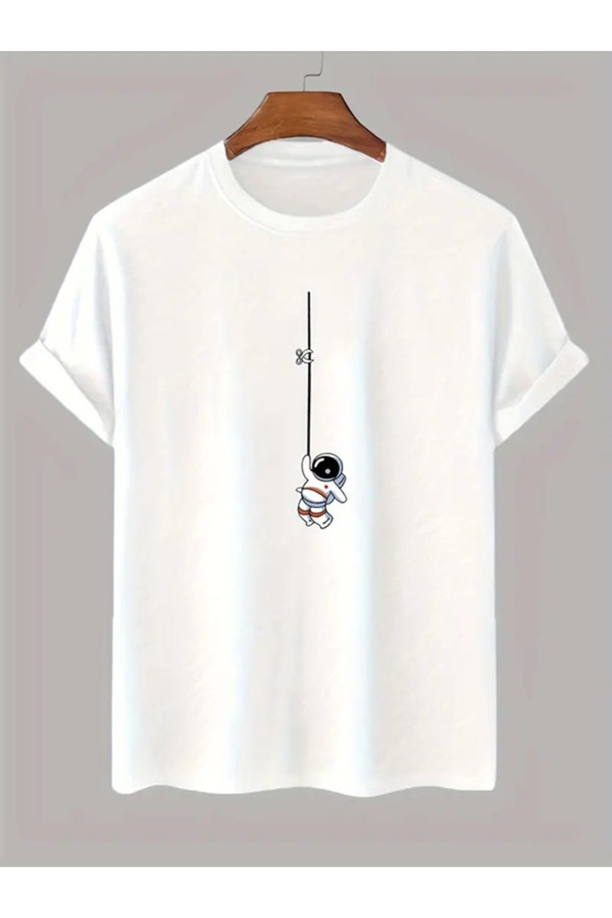EXPECTED Erkek Astronot Baskılı Oversize Pamuklu Rahat Kısa Kollu Yuvarlak Yaka Tişört, Günlük Şık T-shirt