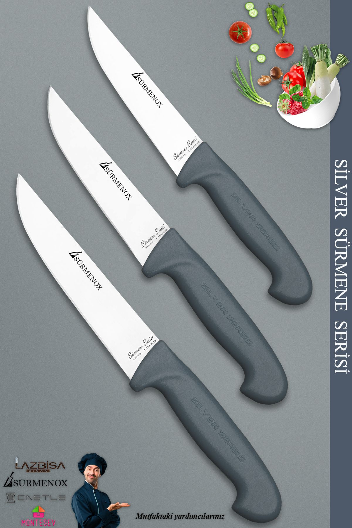 SÜRMENOX Sürmene Silver Serisi Gri Sap Mutfak Bıçak Seti Et Ekmek Sebze Bıçağı 3 Lü Set ( Srm-04)