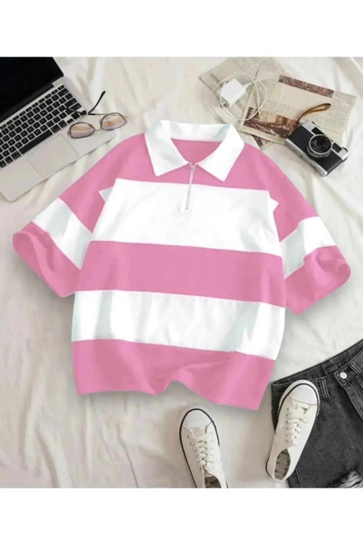 EXPECTED Unisex Oversize Polo Yaka Fermuarlı Parçalı Polo Tişört