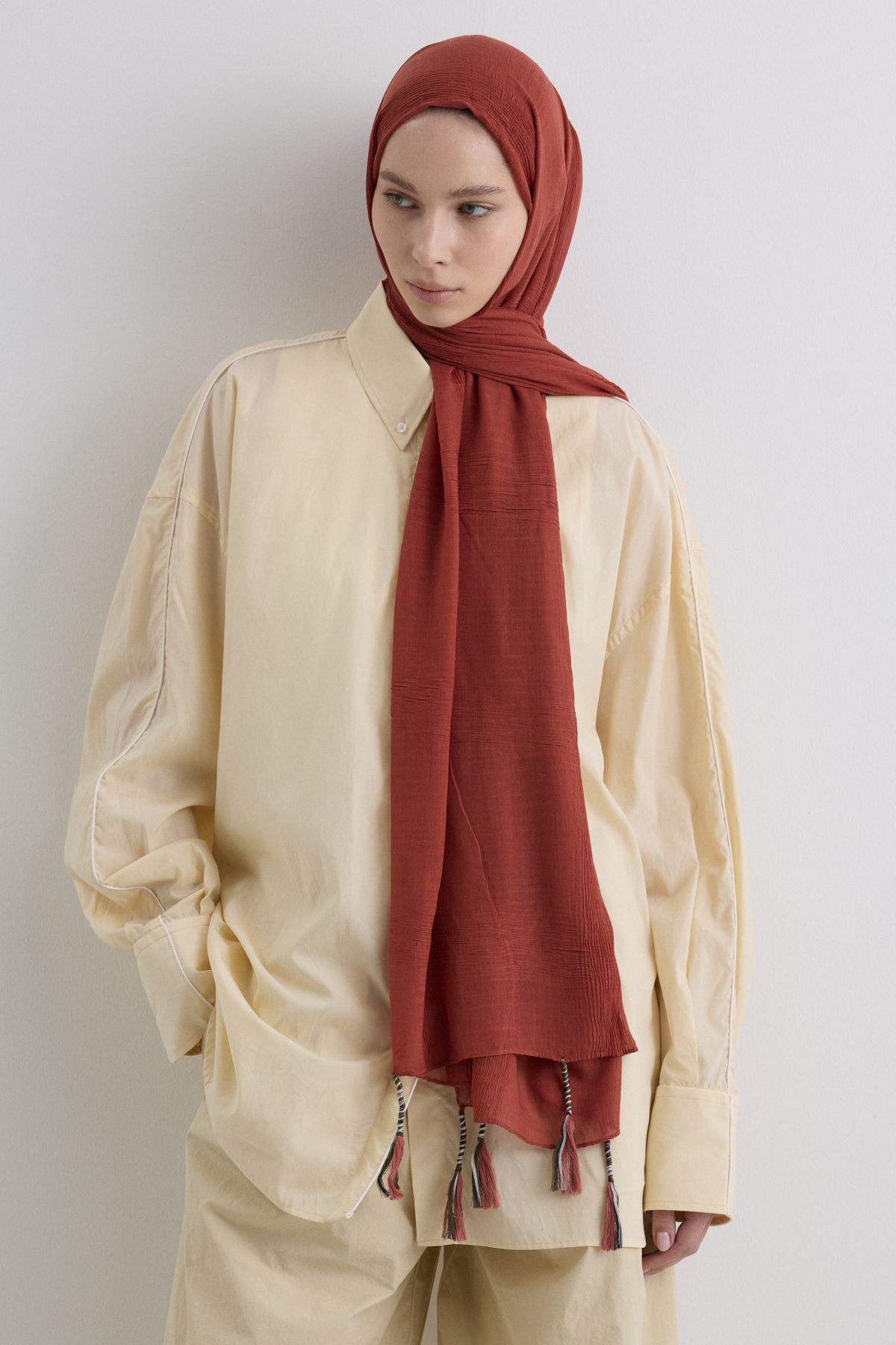 FENZA SCARF BRICE KİREMİT UZUN SAÇAK PÜSKÜLLÜ PAMUKLU ŞAL