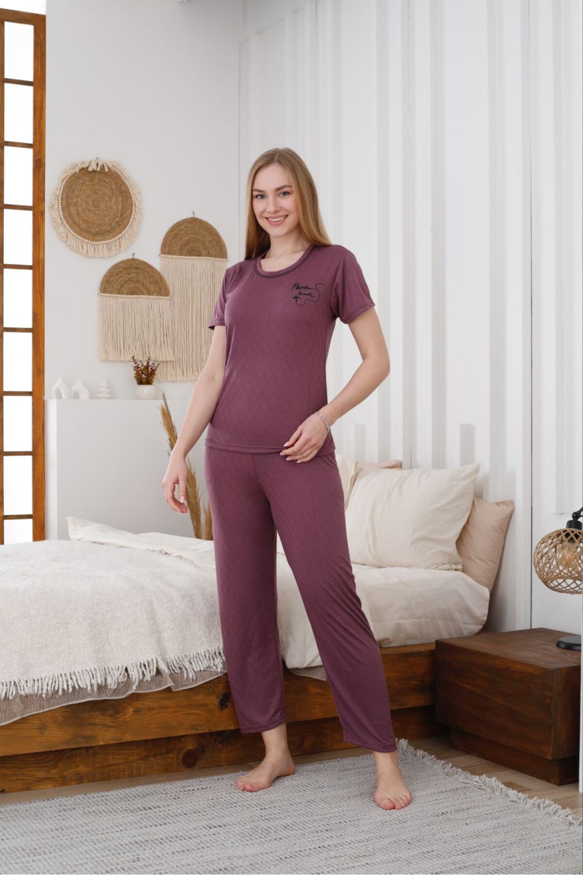 FORVENS Kadın Rahat Pijama Takımı Kısa Kollu & Uzun Alt