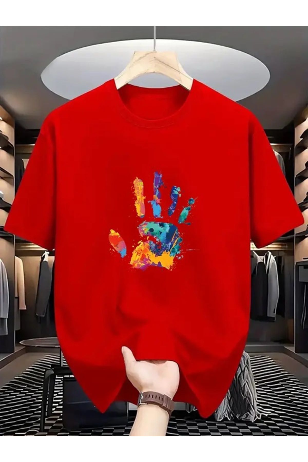 EXPECTED Unisex Oversize Nefes Alabilir Renkli El Baskısı, Geniş Kesim, Pamuklu, Günlük Yazlık Şık T-shirt