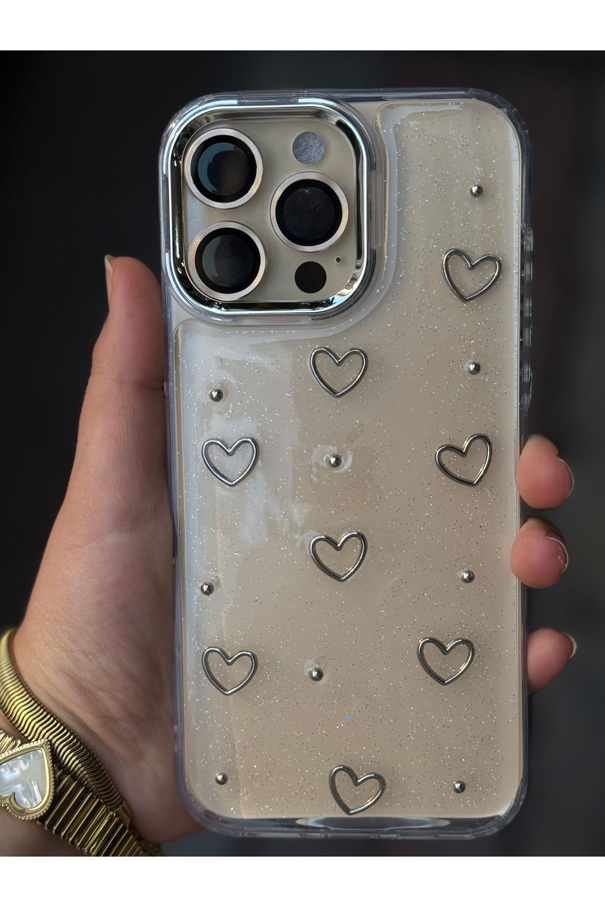 Caseji iPhone 16 Pro Max Uyumlu 3D Kalpli Işltılı Simli Kılıf