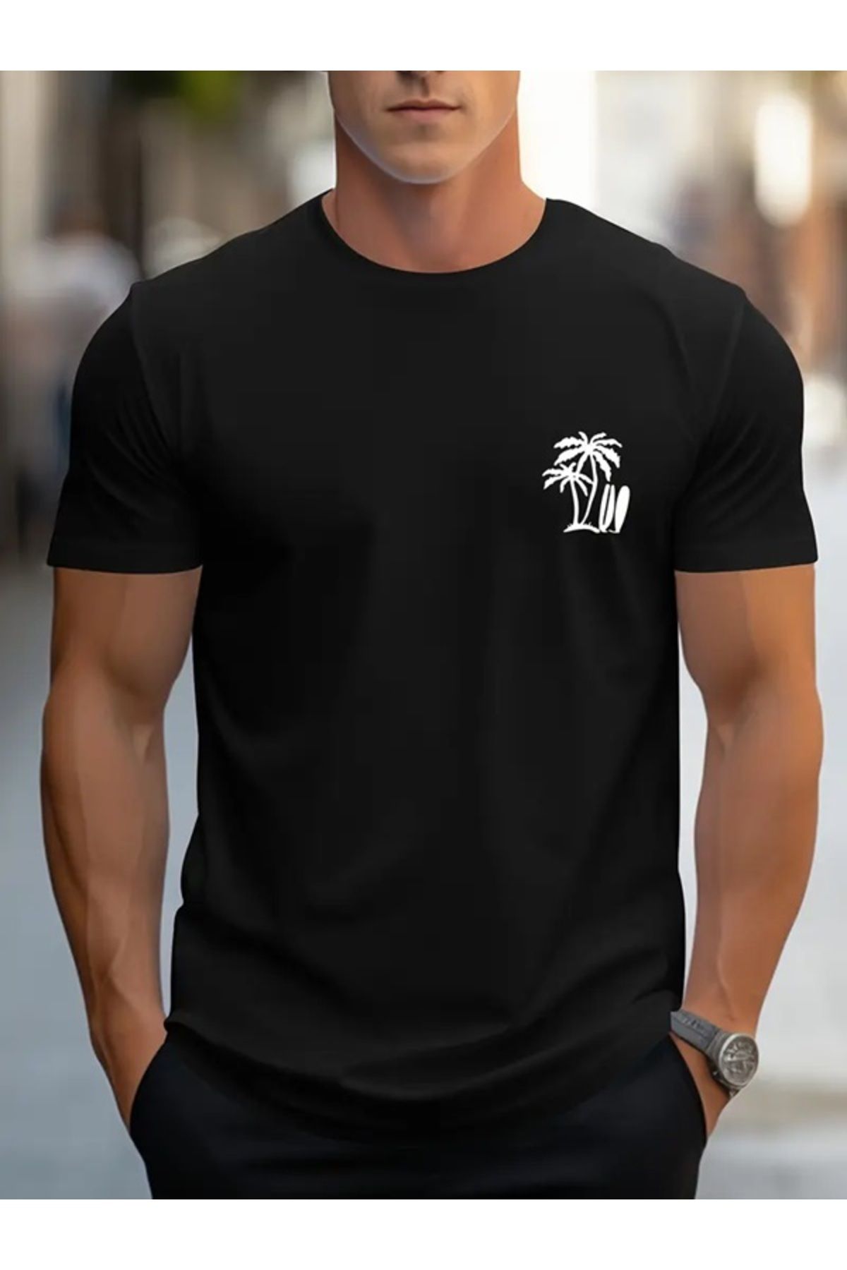 EXPECTED Erkek Oversize Yazlık Palmiye Sörf Baskılı Casual Modern Tarz Şık Pamuklu T-shirt