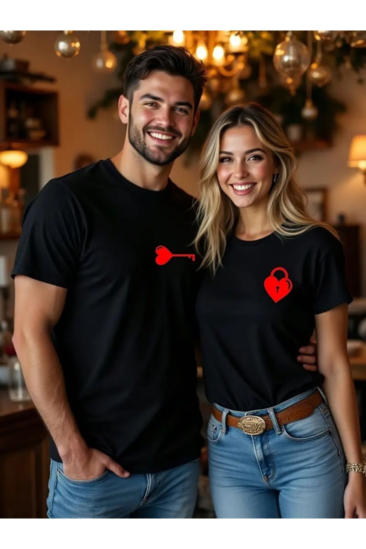 EXPECTED Unisex Sevgili Çift Arkadaş Kombini Anahtar ve Kilit Baskılı Oversize Pamuklu Şık T-shirt 2 Adet