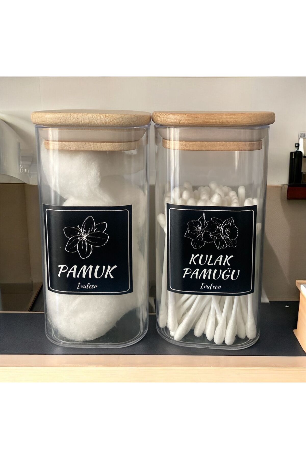 emdeco 2 Adet Ahşap Kapaklı Akrilik Şeffaf Kulak Pamuğu, Pamuk Kavanozu