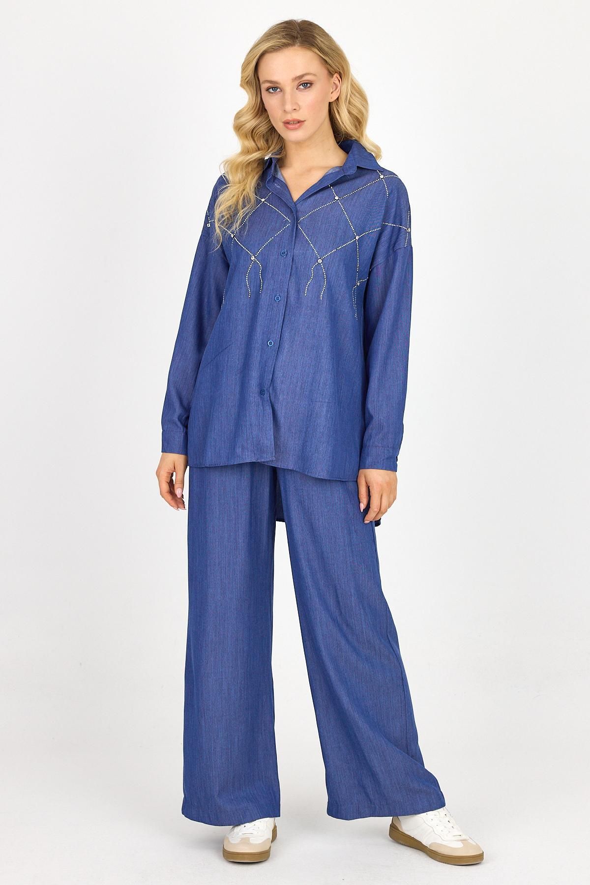 DAMGA JEANS Kadın Taşlı Oversize Gömlek Bol Paça Baggy Pantolon Alt Üst Takım Mavi