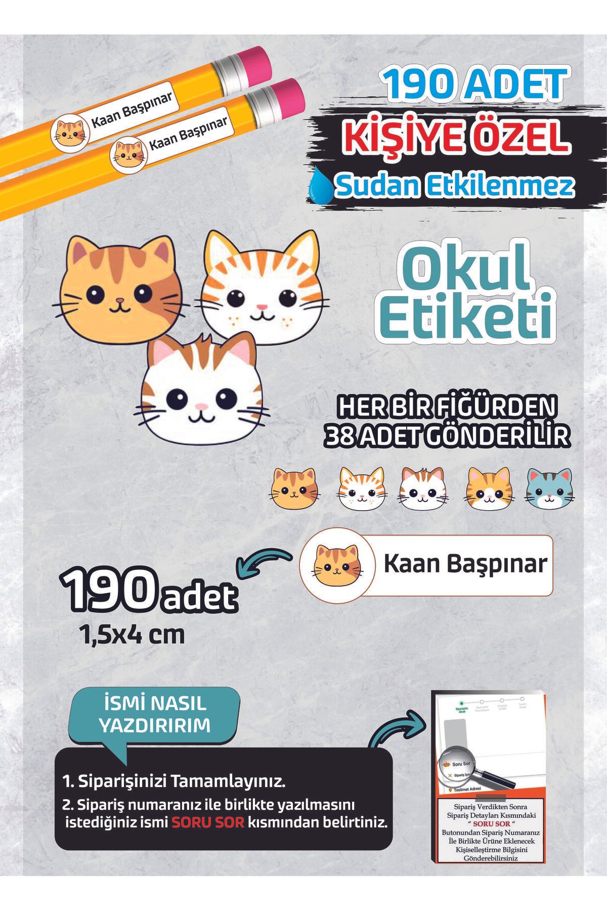 Kapbirhediye Okul Etiketi İsme Özel Kalem Defter Etiketi (Sevimli Kediler) -190 Adet