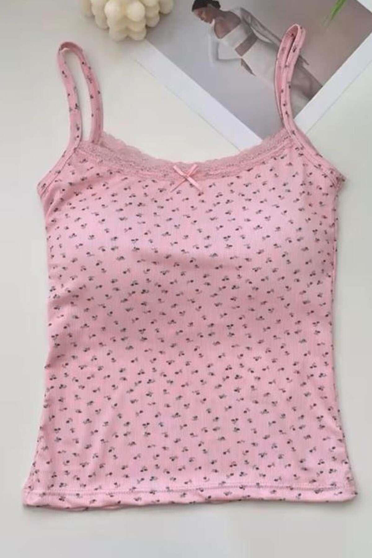 BALİNA Pembe Minik Fiyonk Ve Çiçek Desenli Y2K Destekli Askılı Crop -ALH