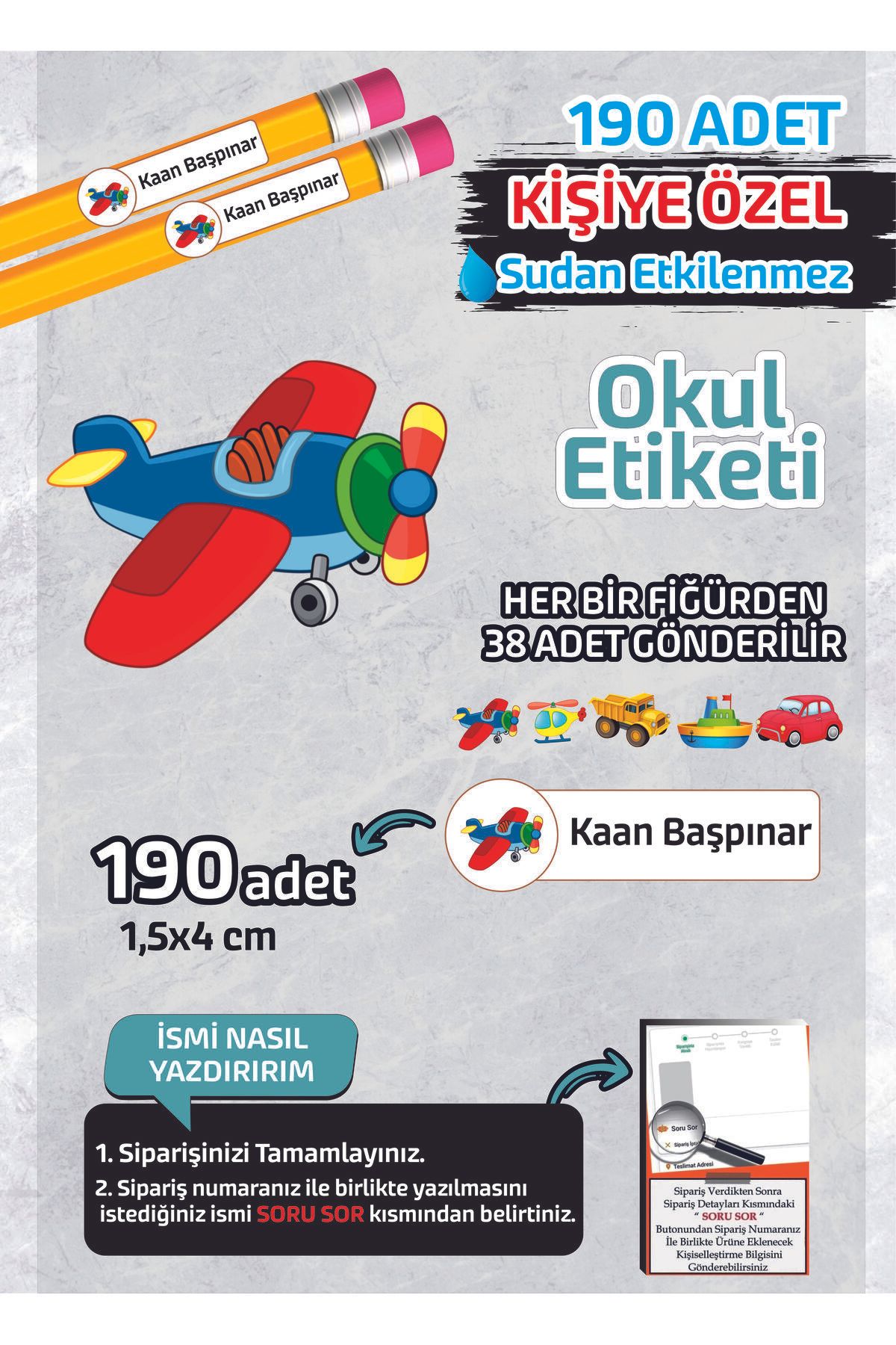 Kapbirhediye Okul Etiketi İsme Özel Kalem Defter Etiketi (ARAÇ TEMALI) -190 Adet