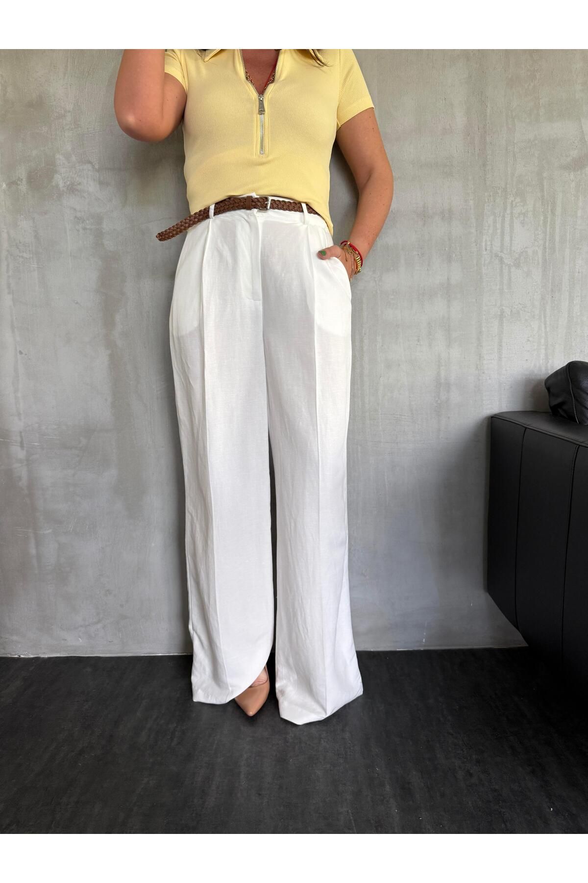 begum mayda Hasır Kemerli , Beyaz , Premium Keten , Palazzo