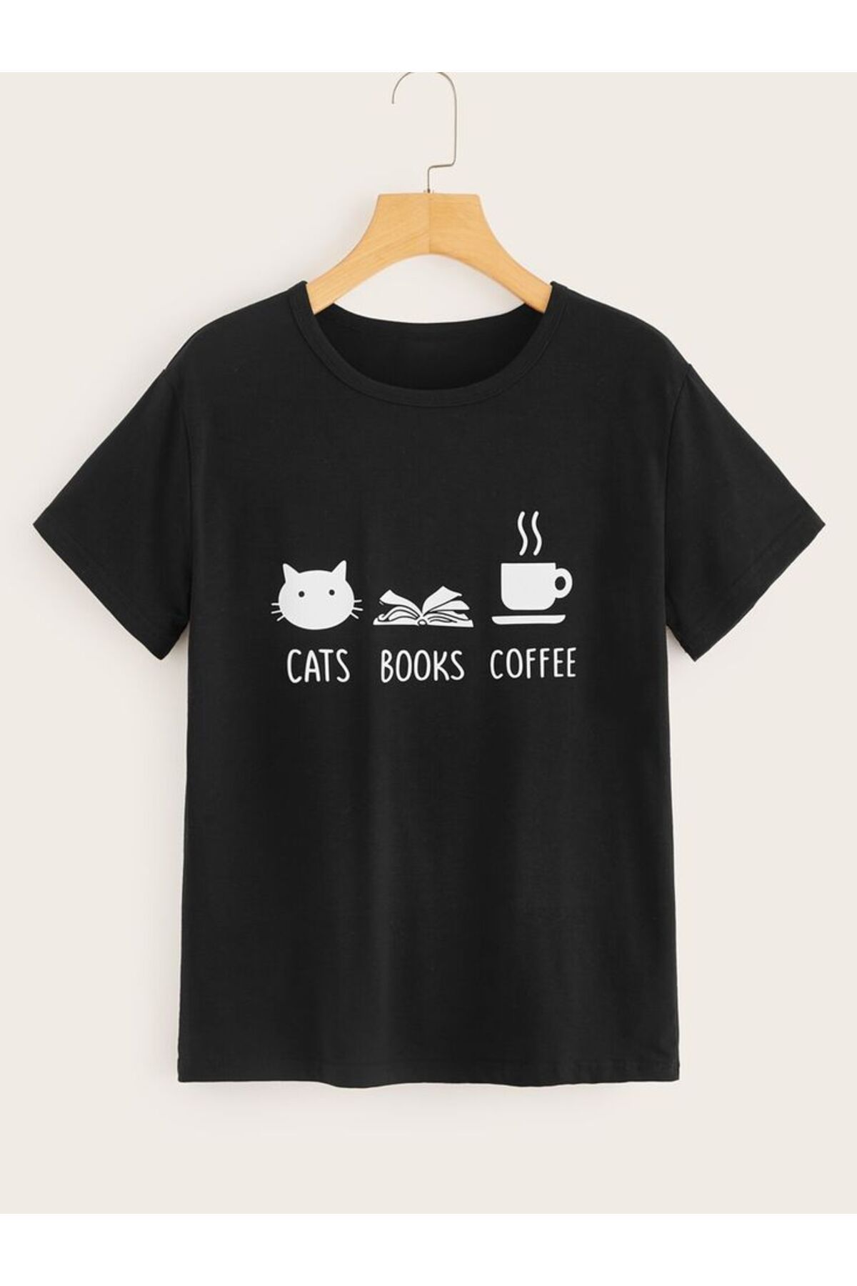Gollinger CATS BOOKS COFFEE Baskılı Yuvarlak Yaka T-shirt - SİYAH