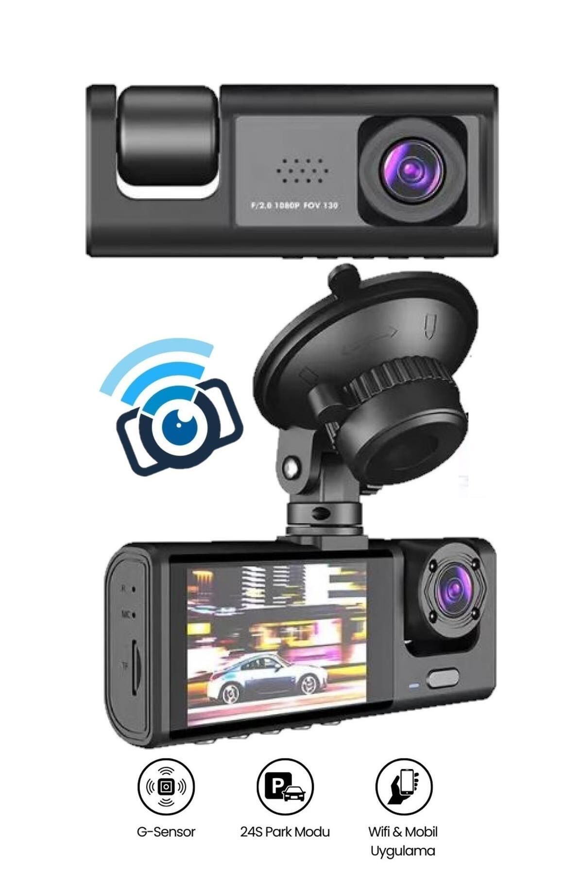 PREPARE Araç İçi Wi-fi Güvenli Sürüş Kamerası SHD Ön İç 2 Kameralı G-sensör Mobil Uygulama İle Kolay İzleme