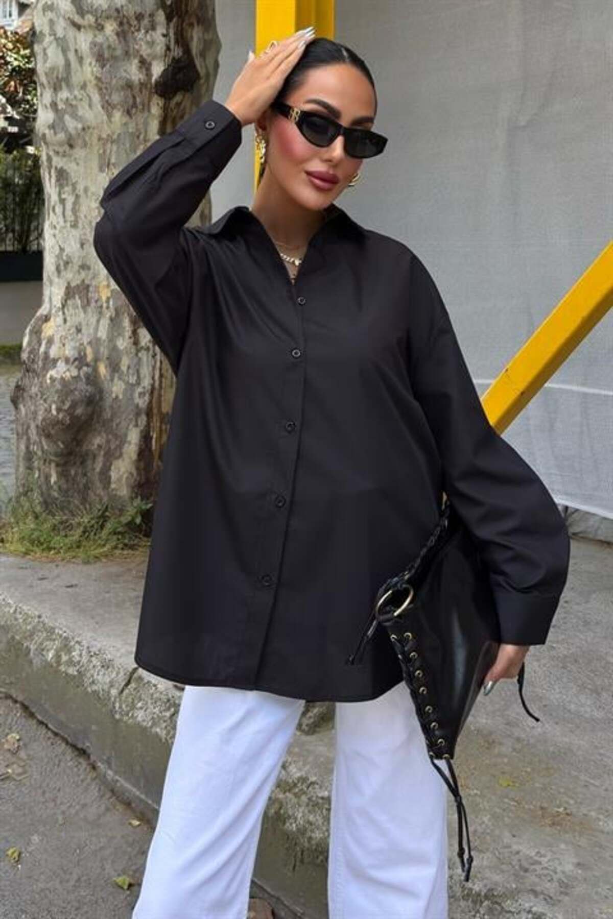 RICHMOST Bol Kalıplı Uzun Kollu Klasik Oversize Poplin Kadın Gömlek SİYAH