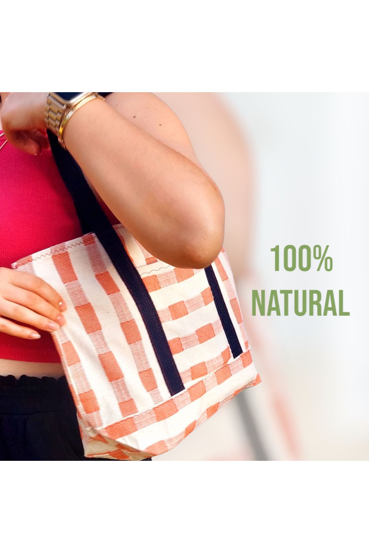 Mio Vero Orta Boy Buldan Pamuk Totebag | Turuncu Çizgili Krem Zemin | Modern Ethic Kadın Omuz Çantası