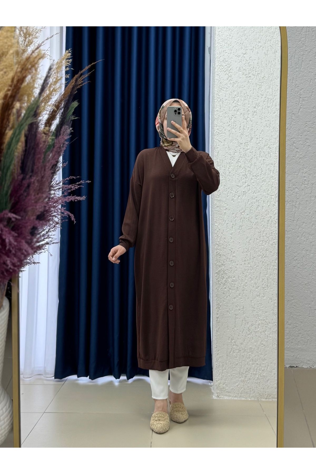 Mihra Serelle Önü Düğmeli Ayrobin Uzun Hırka-FA793 Kahve