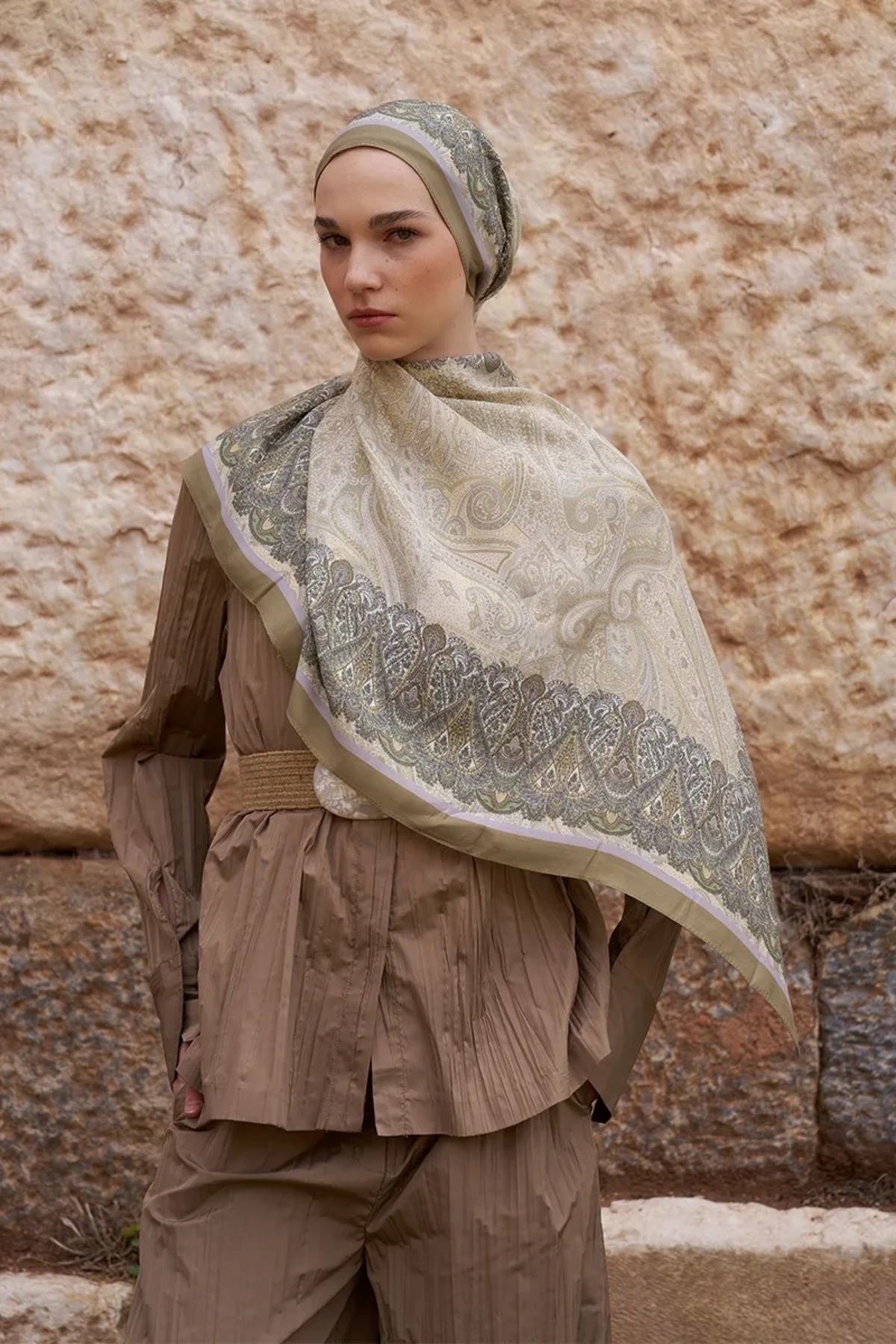 ED Scarf Yağ Yeşili ED Scarf Sunrise Etnik Desen Şal