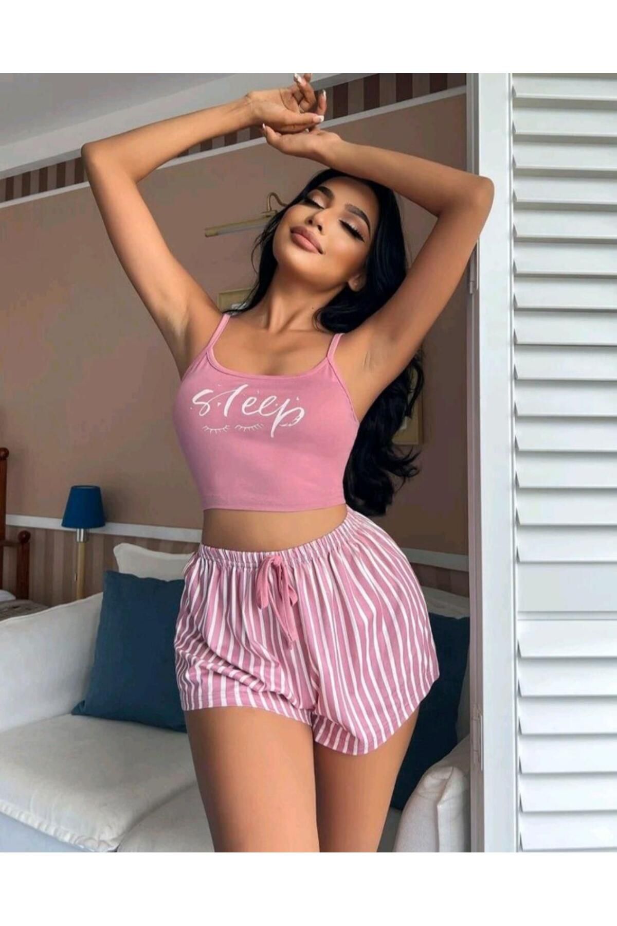 Kanonik Education Kadın pembe çizgili desen Askılı Şortlu Pijama Takım 9002
