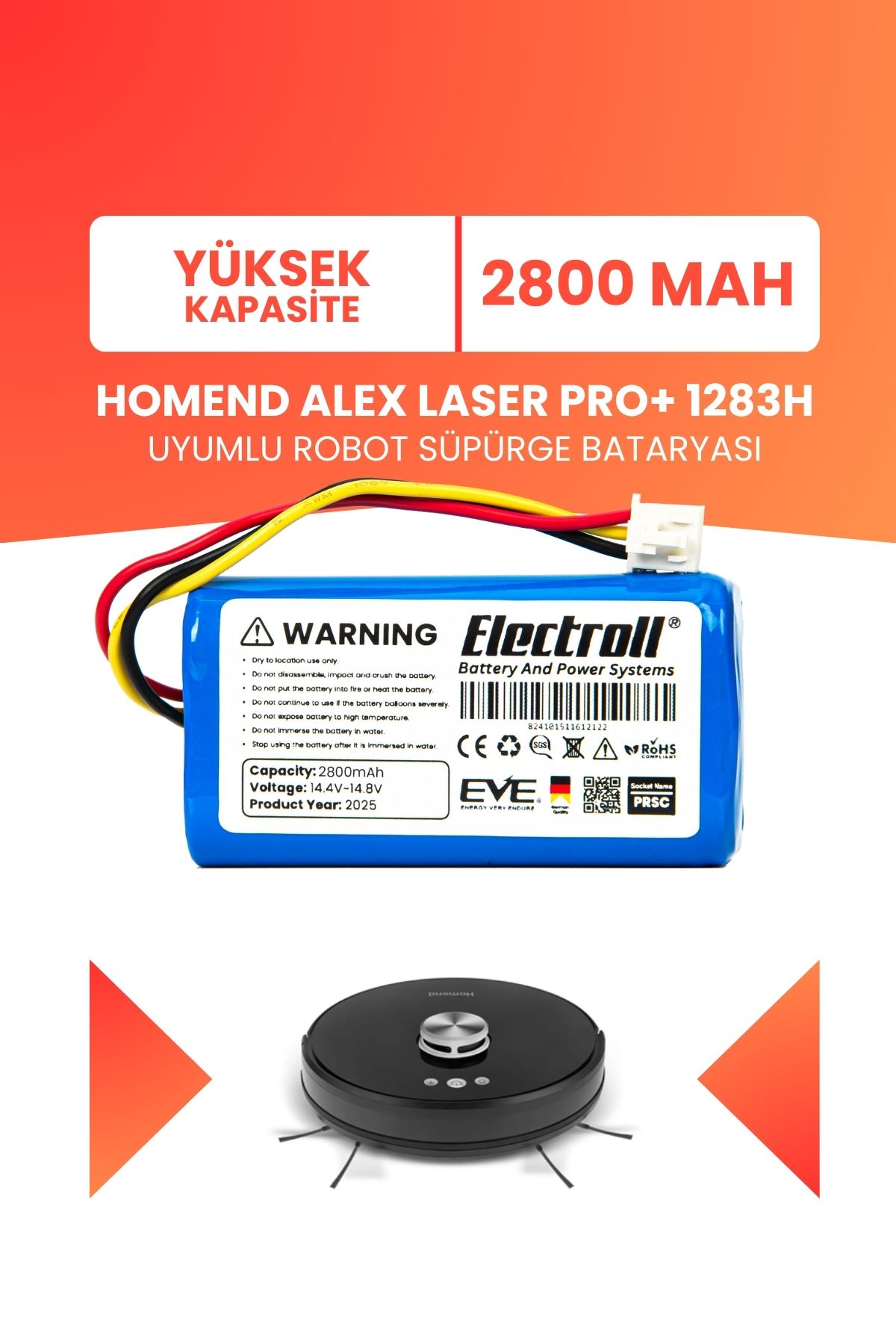 ELECTROLL Homend Alex Laser Pro+ 1283H Uyumlu Batarya (YÜKSEK KAPASİTE) 2800mah Pil Robot Süpürge Bataryası